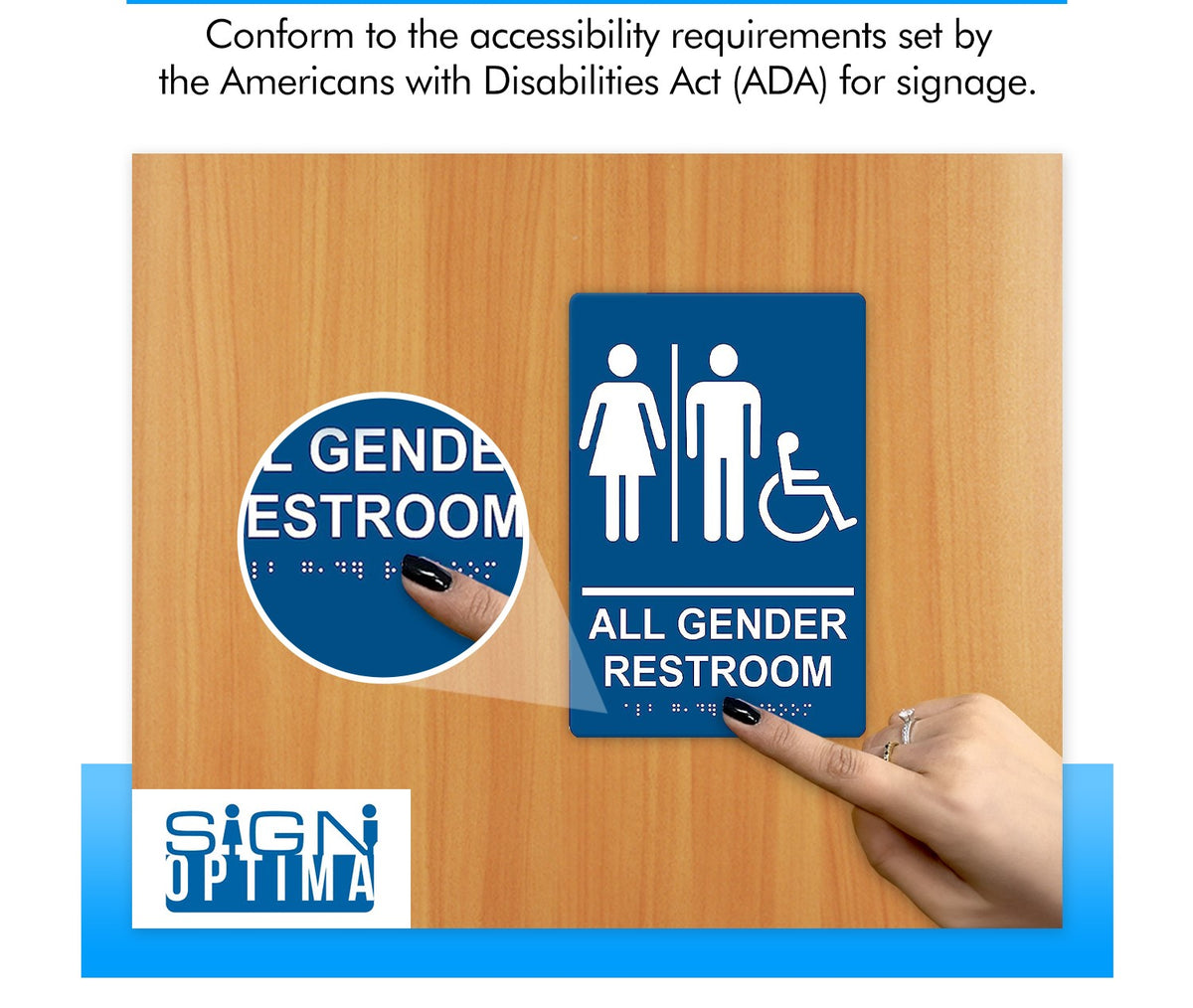ADA Compliant All Gender Restroom Sign Set – Door & Wall, CA Title 24 — Color &amp; detail
