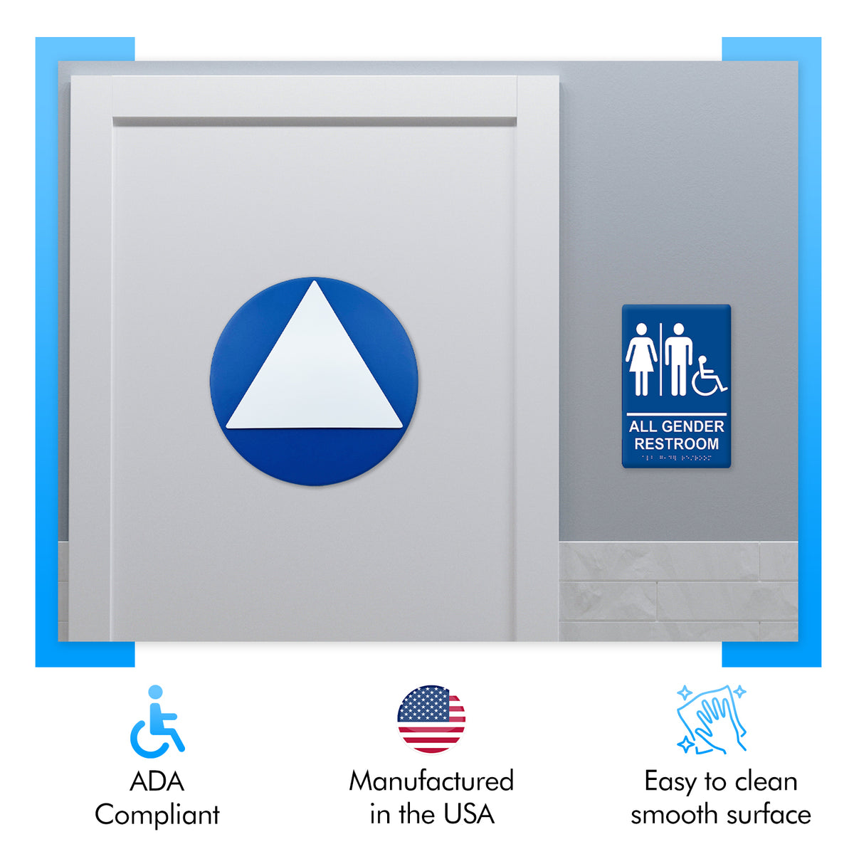 ADA Compliant All Gender Restroom Sign Set – Braille Door & Wall — Color &amp; detail