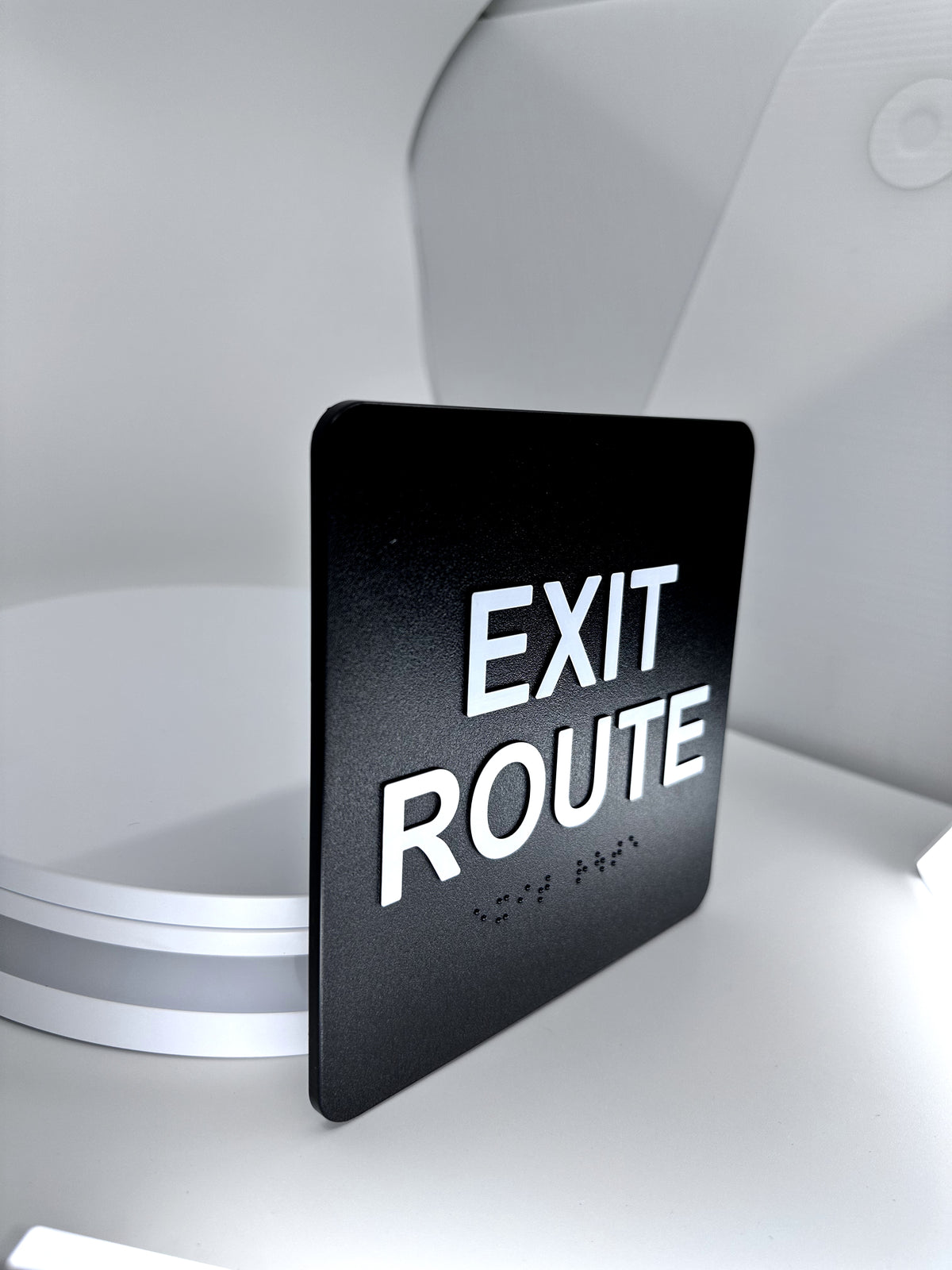 ADA Compliant Exit Route Sign – 6"x6" Tactile with Braille — Color &amp; detail