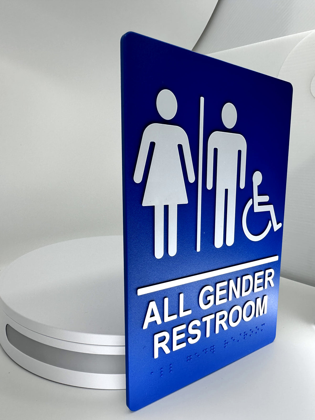 ADA Compliant All Gender Restroom Sign Set – Braille Door & Wall — Color &amp; detail