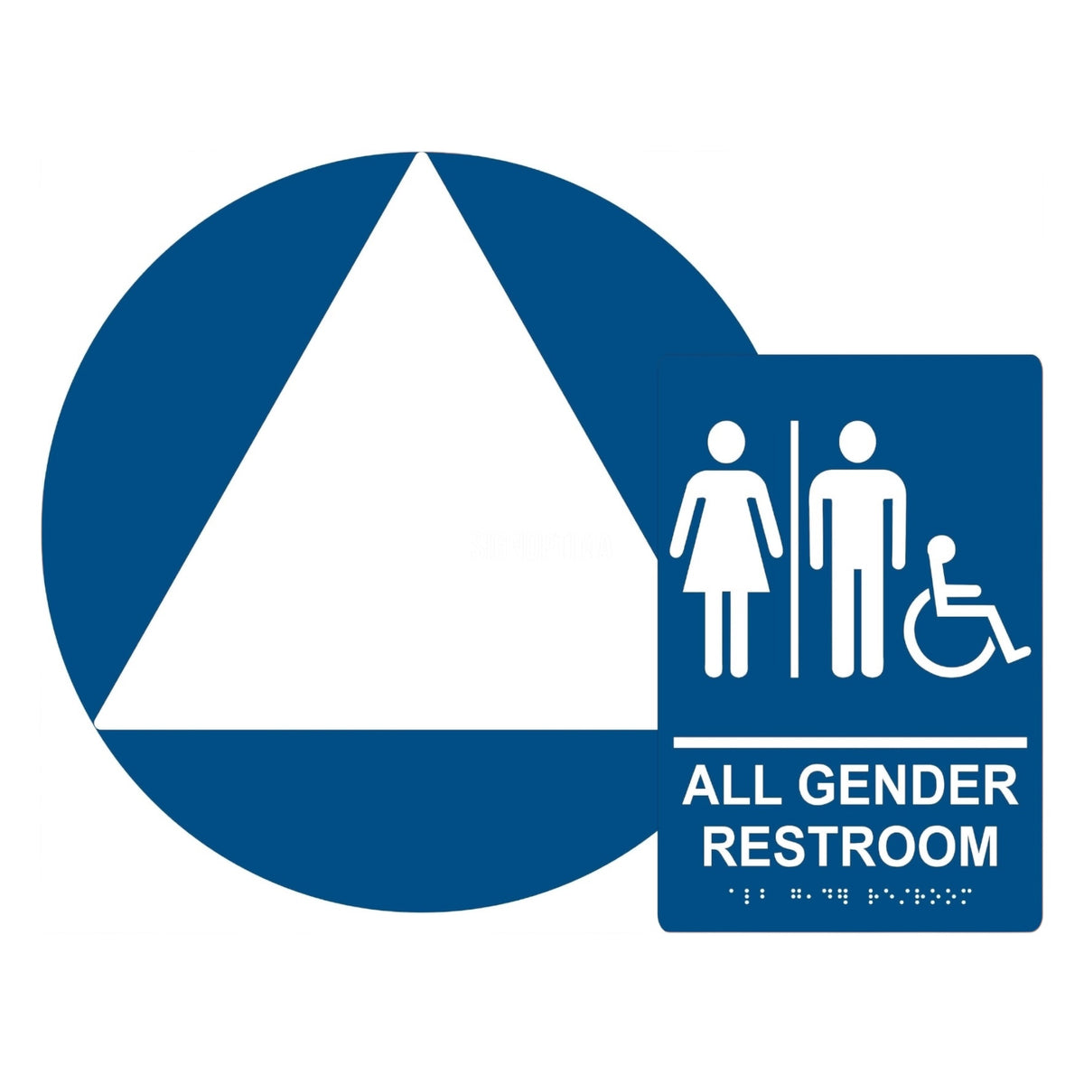 ADA Compliant All Gender Restroom Sign Set – Braille Door & Wall — Color &amp; detail