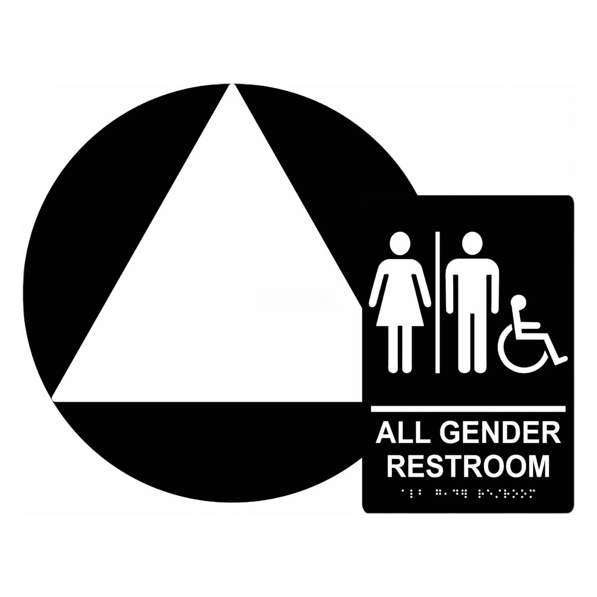 ADA Compliant All Gender Restroom Sign Set – Braille Door & Wall — Color &amp; detail