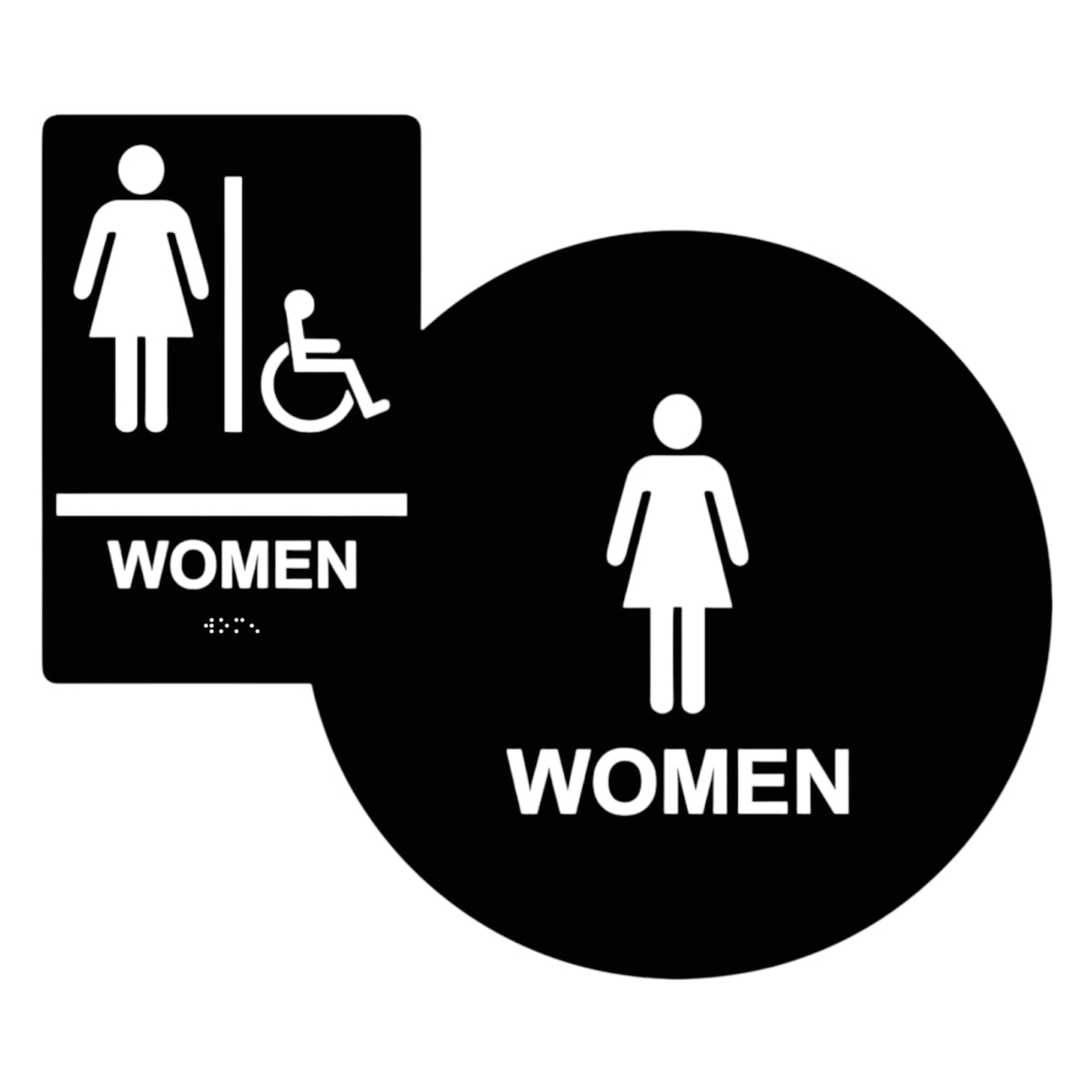 ADA Compliant Women's Restroom Sign Set – Braille Door & Wall Sign — Color &amp; detail