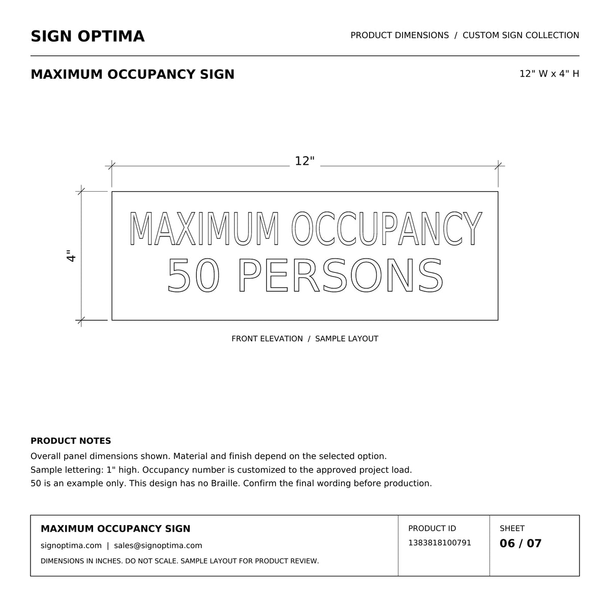 Custom Maximum Occupancy Sign – 12"x4", Code-Compliant — Architectural drawing