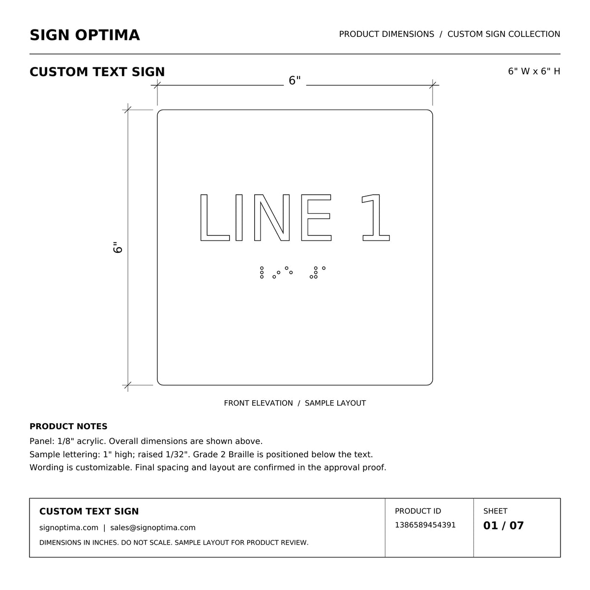ADA Compliant Custom Sign – 6"x6", Tactile & Braille — Architectural drawing