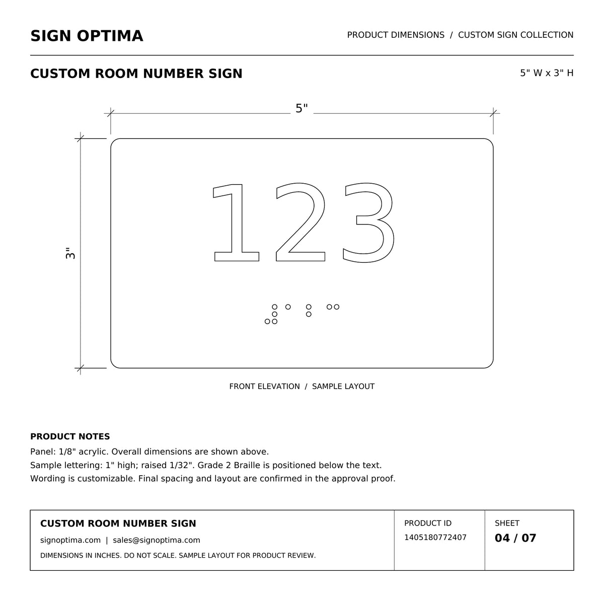 ADA Compliant Custom Numbers Sign – 5"x3" Braille & Tactile — Architectural drawing