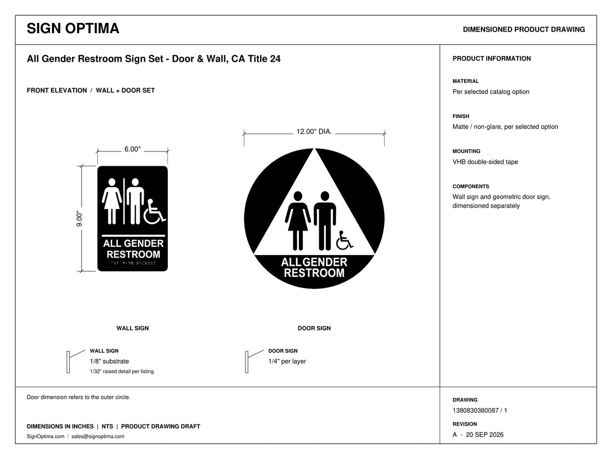 ADA Compliant All Gender Restroom Sign Set – Door & Wall, CA Title 24 — Architectural drawing