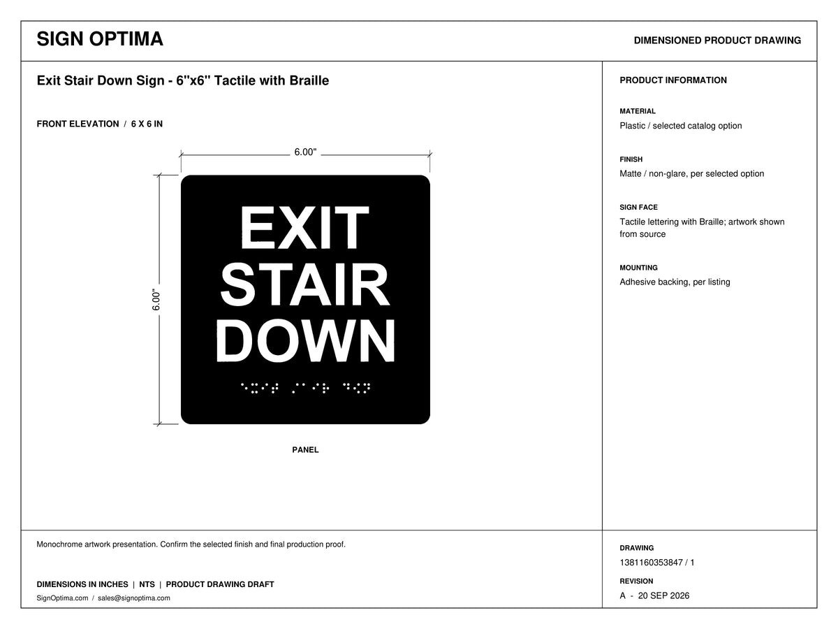 ADA Compliant Exit Stair Down Sign – 6"x6" Tactile with Braille — Architectural drawing