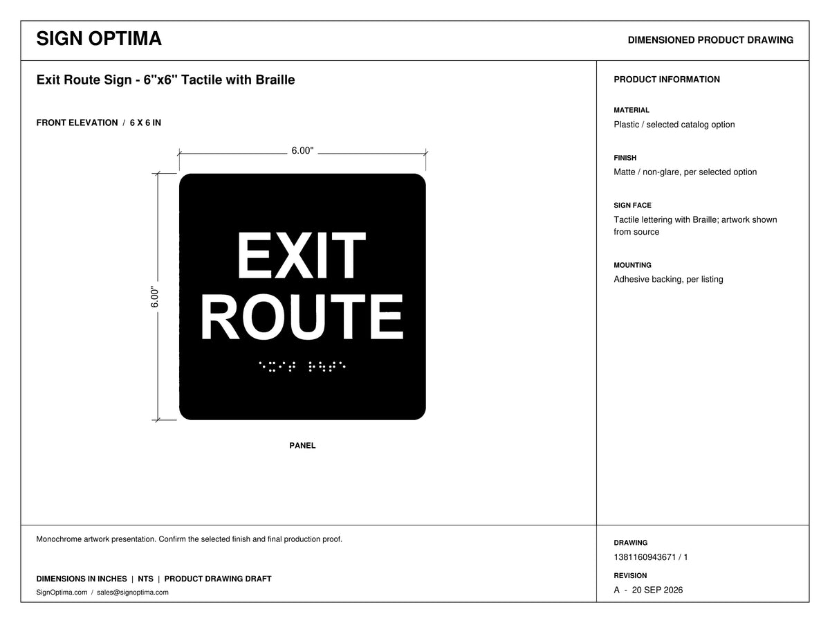 ADA Compliant Exit Route Sign – 6"x6" Tactile with Braille — Architectural drawing