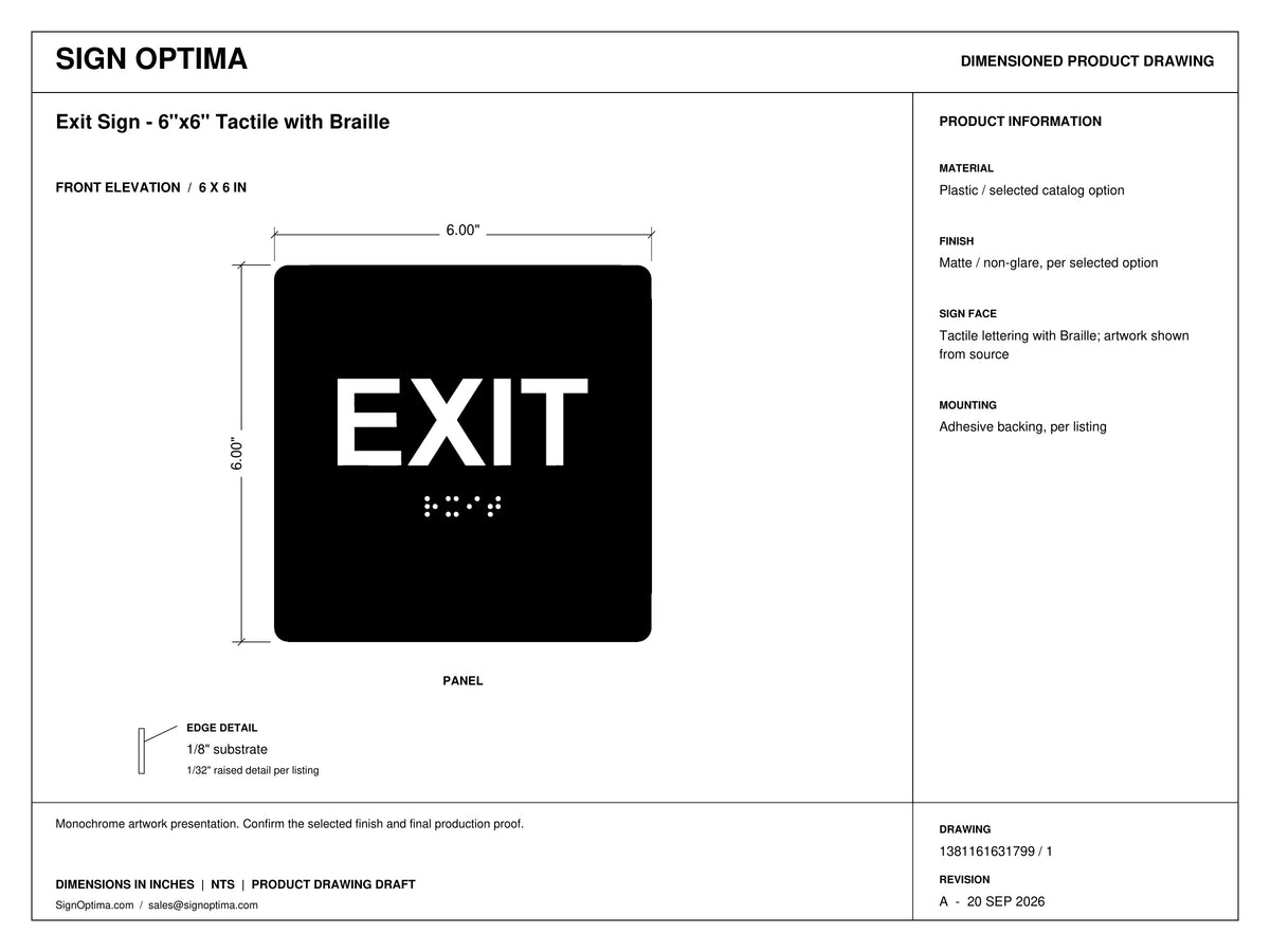 ADA Compliant Exit Sign – 6"x6" Tactile with Braille — Architectural drawing
