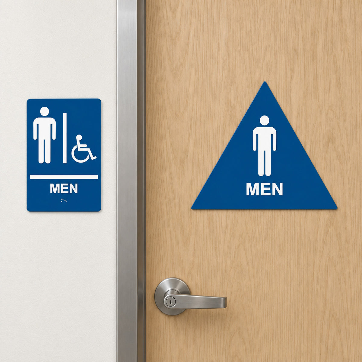 ADA Compliant Men's Restroom Sign Set – Braille Door & Wall Sign — Application view