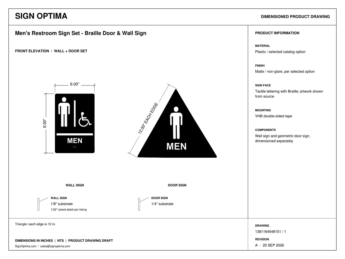 ADA Compliant Men's Restroom Sign Set – Braille Door & Wall Sign — Architectural drawing