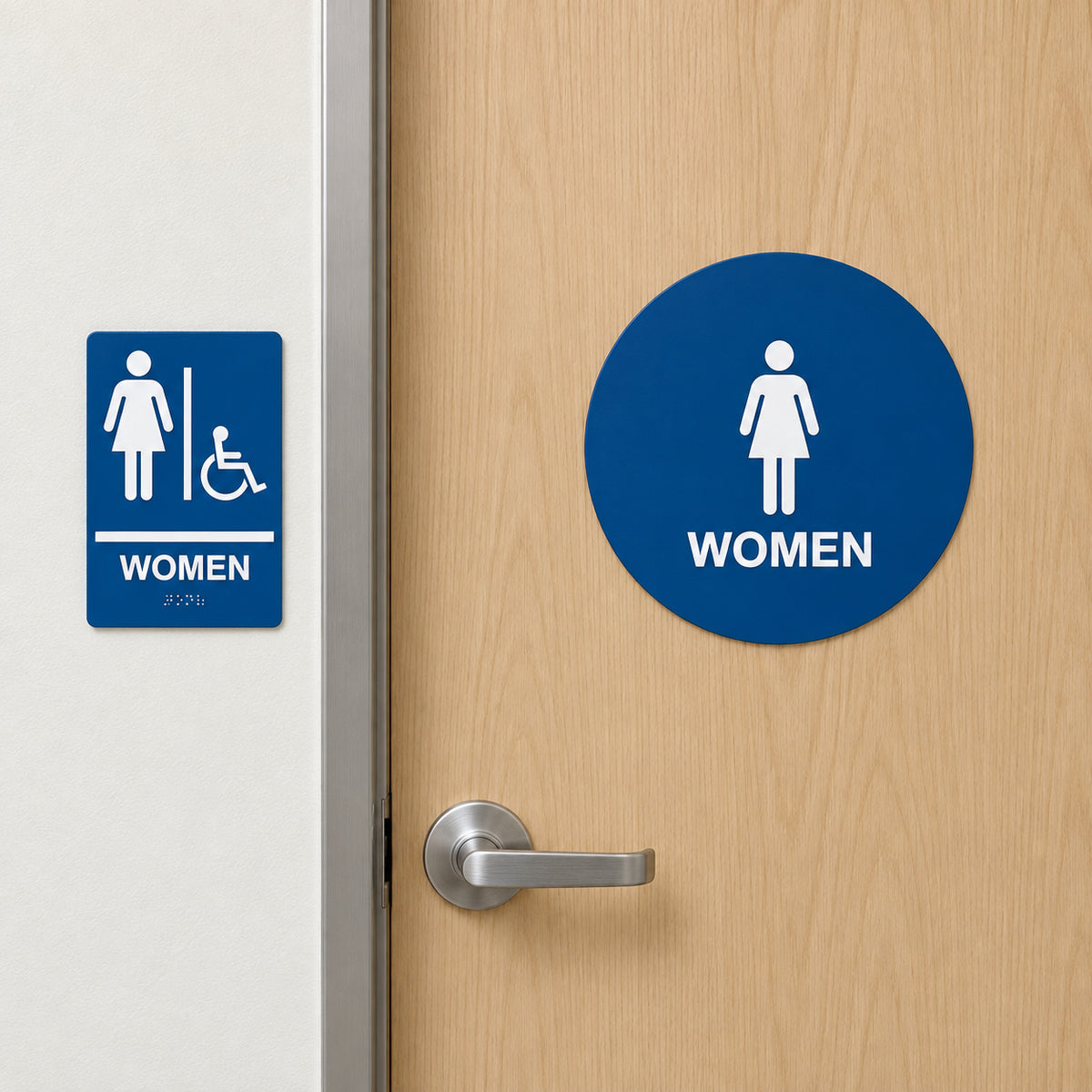 ADA Compliant Women's Restroom Sign Set – Braille Door & Wall Sign — Application view