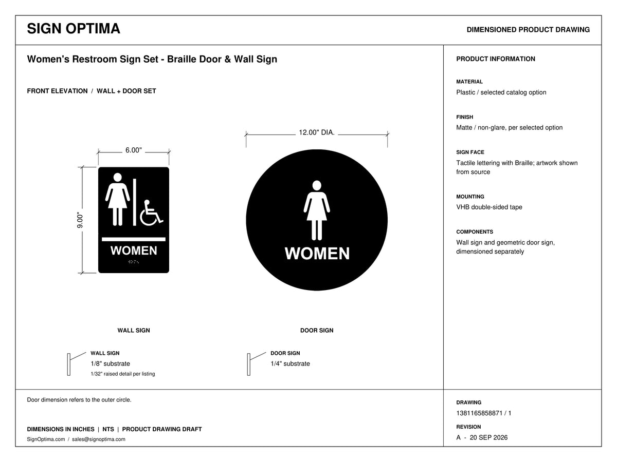 ADA Compliant Women's Restroom Sign Set – Braille Door & Wall Sign — Architectural drawing