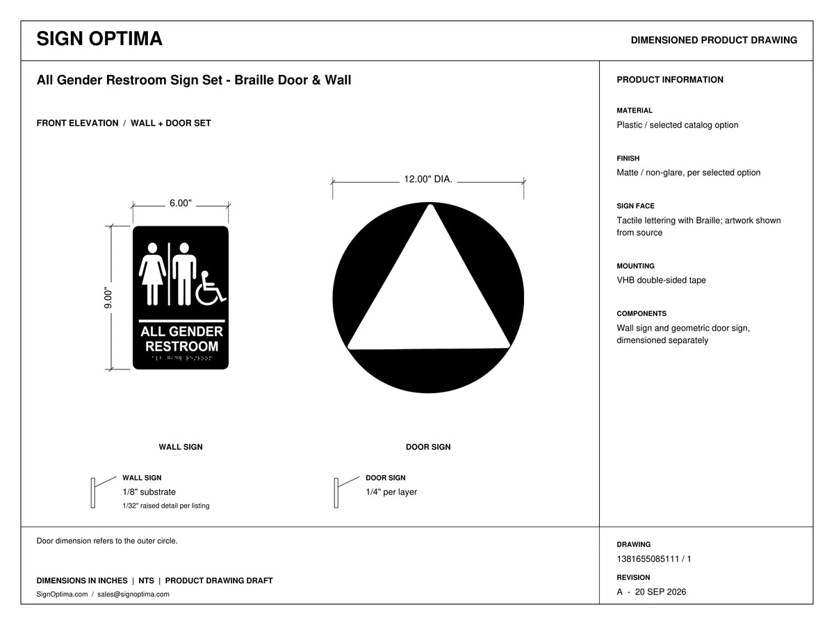 ADA Compliant All Gender Restroom Sign Set – Braille Door & Wall — Architectural drawing