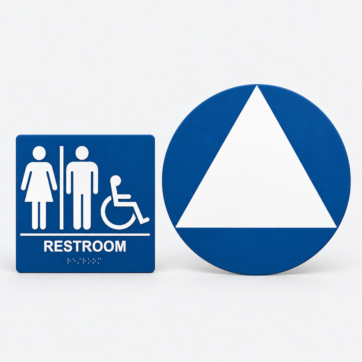 ADA Compliant All Gender Unisex Restroom Sign Set – Braille, CA Title 24 — Studio view