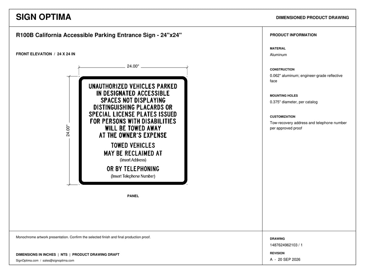 R100B California Accessible Parking Entrance Sign – 24"x24" — Architectural drawing