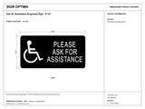 ADA Compliant Ask for Assistance Engraved Sign – 6"x3" — black-and-white architectural dimension drawing, sheet 1; reference SKU AFA-0603-BLU.