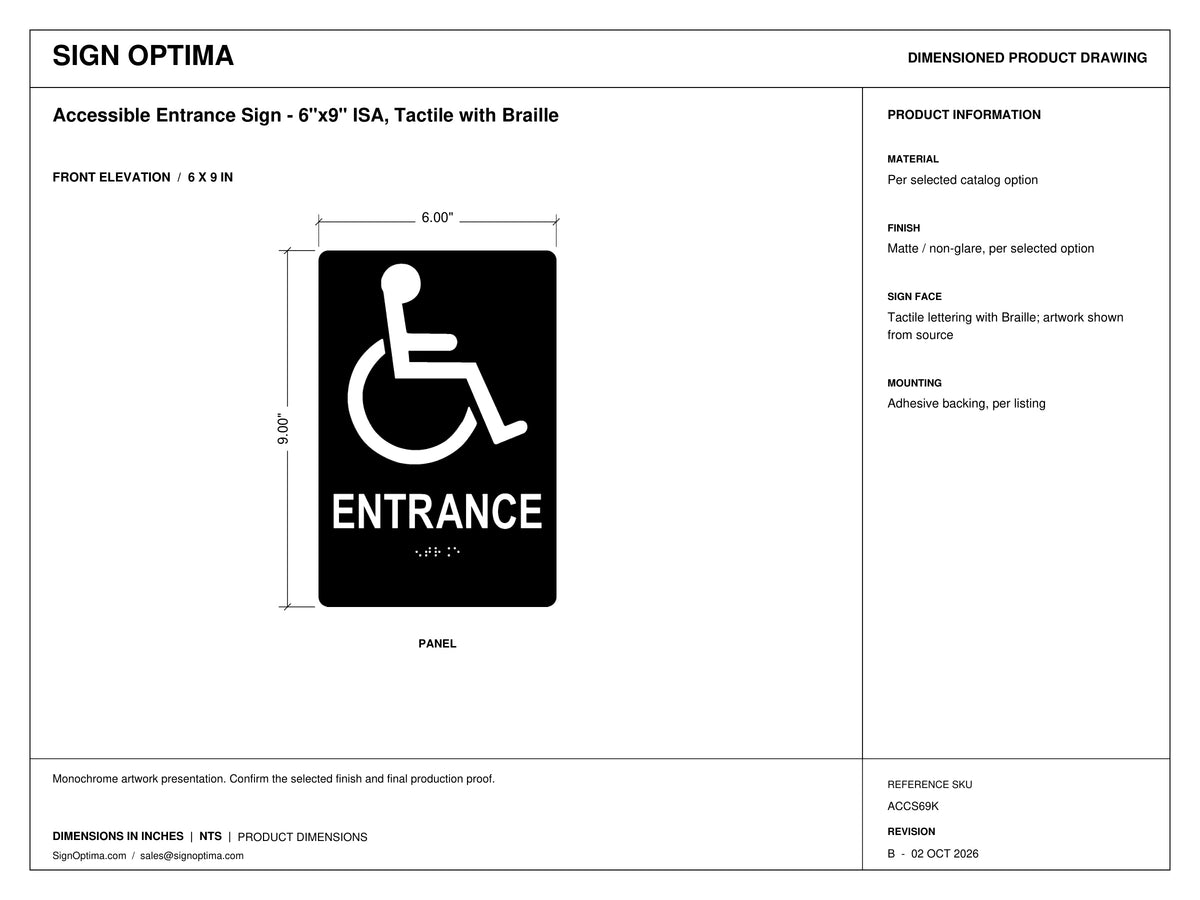 ADA Compliant Accessible Entrance Sign – 6"x9" ISA, Tactile with Braille — Color &amp; detail