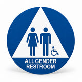 ADA Compliant All Gender Restroom Door Sign – 12" Round/Triangle, Accessible Pictogram — Blue / Plastic studio product view; SKU AGU12RP.