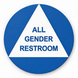 ADA Compliant All Gender Restroom Sign – 12" Round/Triangle Geometric Door Sign — Acrylic / Blue/White studio product view; SKU LAGD12U-AC.