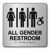 ADA Compliant All Gender Restroom Sign – 8"x8" Braille II, Acrylic — Brushed Aluminum studio view; reference SKU AG3FU-BRUSH.