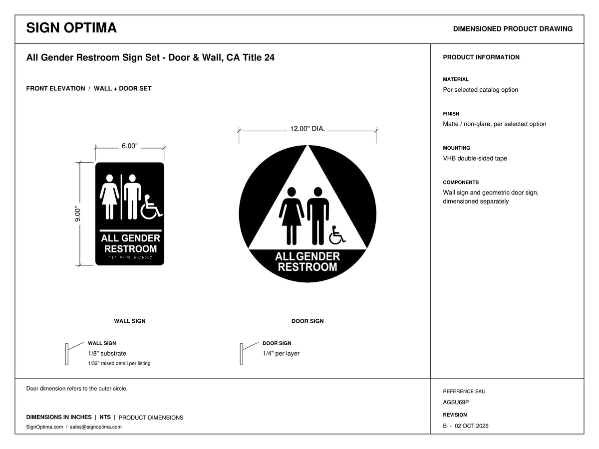 ADA Compliant All Gender Restroom Sign Set – Door & Wall, CA Title 24 — Color &amp; detail