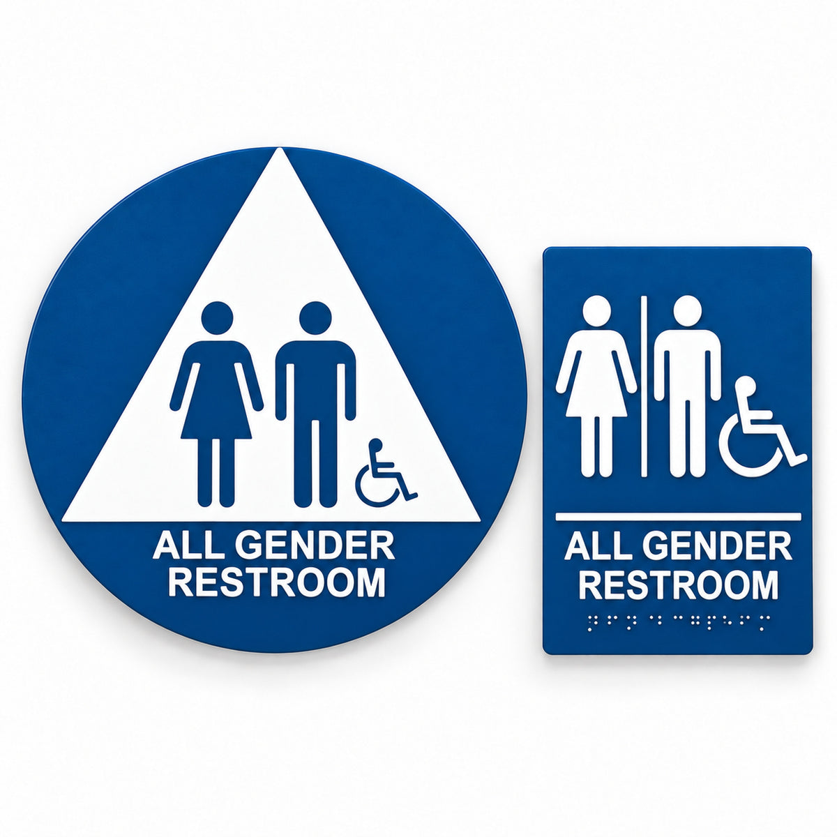 ADA Compliant All Gender Restroom Sign Set – Door & Wall, CA Title 24 — Color &amp; detail