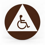 ADA Compliant All Gender Unisex Accessible Restroom Door Sign — Acrylic / Brown/White studio product view; SKU AAGUAC12W.