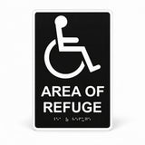 ADA Compliant Area of Refuge Sign – 6"x9" Tactile with Braille — Black studio product view; SKU AOR-0609-BLK.