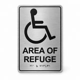 ADA Compliant Area of Refuge Sign – 6"x9" Tactile with Braille — Brushed Aluminum studio view; reference SKU AOR-0609-BRUSH.