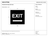 Directional EXIT sign architectural specification sheet showing 6 by 6 inch dimensions, 1/8 inch acrylic, and 1/32 inch raised details; reference SKU DEX-BLK-R.