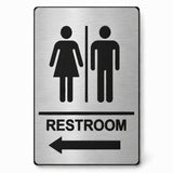 ADA Compliant Directional Restroom Sign with Arrow – 6"x9" — Left Arrow / Brushed Aluminum studio view; reference SKU SO-1386586767415-BRUSH-LEFT.