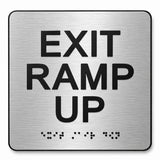 ADA Compliant Exit Ramp Up Sign – 6"x6" Tactile with Braille — Brushed Aluminum studio view; reference SKU ERU-0606-BRUSH.