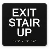 ADA Compliant Exit Stair Up Sign – 6"x6" Tactile with Braille — Black studio product view; SKU ESU-0606-BLK.