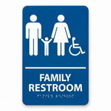 ADA Compliant Family Restroom Sign – 6"x9" Braille, 1/8" Acrylic — Blue studio product view; SKU FAM-0609-BLU.