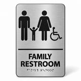 ADA Compliant Family Restroom Sign – 6"x9" Braille, 1/8" Acrylic — Brushed Aluminum studio view; reference SKU FAM-0609-BRUSH.