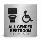 ADA Compliant Gender Neutral Restroom Sign – 8"x8" Wall Sign, Braille II — Brushed Aluminum studio view; reference SKU GN88U-BRUSH.