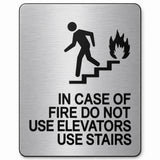 ADA Compliant In Case of Fire Use Stairs Sign – 8"x10" Acrylic — Brushed Aluminum studio view; reference SKU ICF-0810-BRUSH.