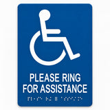 ADA Compliant Please Ring for Assistance Sign – 6"x9" Acrylic Braille — Blue studio product view; SKU PRA-0609-BLU.