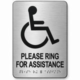 ADA Compliant Please Ring for Assistance Sign – 6"x9" Acrylic Braille — Brushed Aluminum studio view; reference SKU PRA-0609-BRUSH.