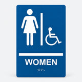 ADA Compliant Women's Restroom Sign – Braille II — Blue studio product view; SKU WA69U.