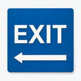 Directional EXIT sign, 6 by 6 inches, blue acrylic with white raised lettering and left arrow; SKU DEX-BLU-L.