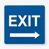 Directional EXIT sign, 6 by 6 inches, blue acrylic with white raised lettering and right arrow; SKU DEX-BLU-R.