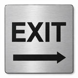 Directional EXIT sign, 6 by 6 inches, horizontal brushed aluminum with black lettering and right arrow; SKU SO-1561874104375-BRUSH-RIGHT.