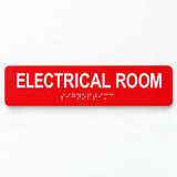 ADA Electrical Room Sign – 10"x2" Tactile with Braille — Red studio product view; SKU ELE-1002-RED.