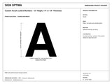 Custom Acrylic Letters/Numbers – 12" Height, 1/4" or 1/8" Thickness — black-and-white architectural dimension drawing, sheet 1; reference SKU CCA12HBM.