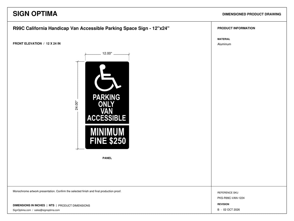 R99C California Handicap Van Accessible Parking Space Sign – 12"x24" — Color &amp; detail