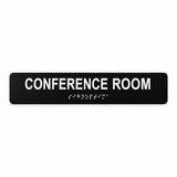 Sign Optima 10 x 2 inch Conference Room acrylic Braille sign, Black studio view, SKU CNF-1002-BLK.