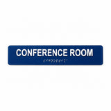Sign Optima 10 x 2 inch Conference Room acrylic Braille sign, Blue studio view, SKU CNF-1002-BLU.